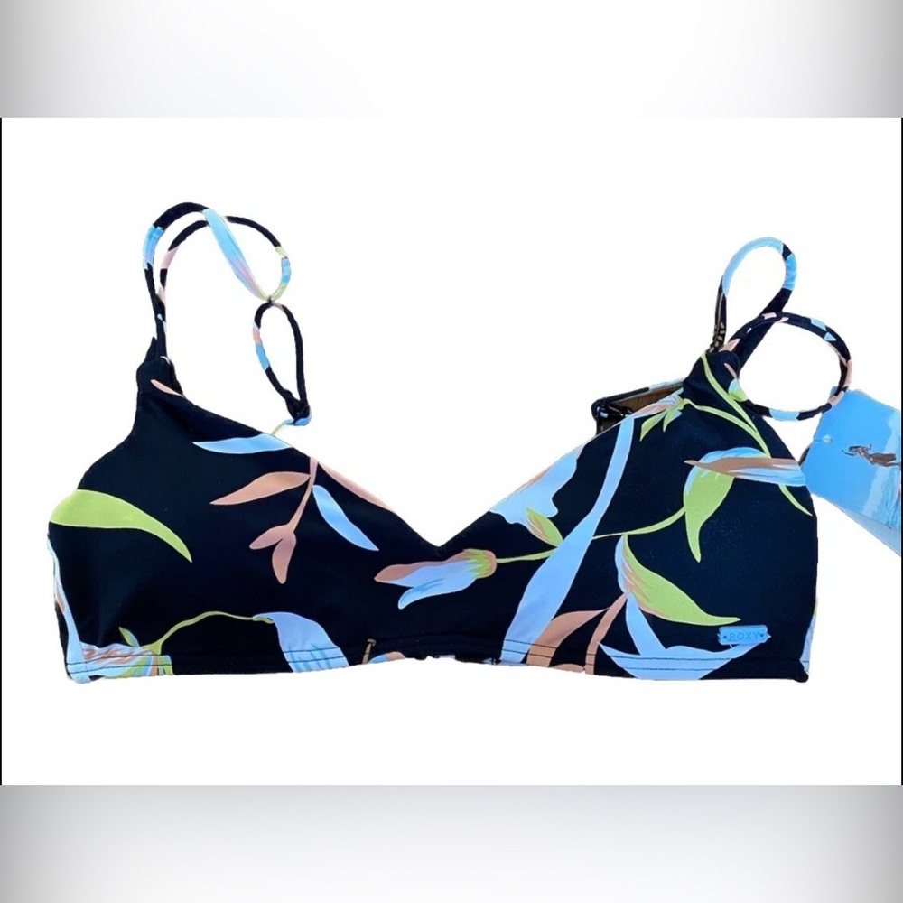 ROXY Black Multicolored Small Bikini Top Hibiscus Wave Bralette Floral